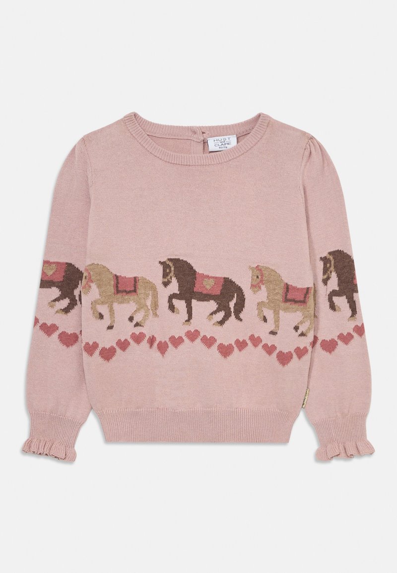 Rosa gestrickter Pullover mit einer Reihe von Pferden mit Sätteln und Herzmustern am Saum. Puffärmel und Rüschensäume runden das Design ab.