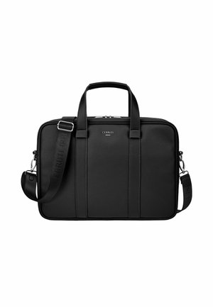 Black textured leather briefcase with top handles, adjustable shoulder strap, and "Cerruti 1881" logo on front center.