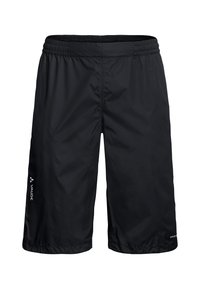 Pantaloni sportivi neri con vita elastica, materiale leggero, tasche laterali e dettaglio del logo sulla gamba sinistra.