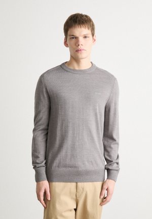 Maglione grigio lavorato a maglia con colletto rotondo, polsini e orlo a costine, con un piccolo logo sul petto, indossato con pantaloni beige dalla vestibilità ampia.