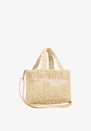 Beige geweven handtas met dubbele handvatten, afneembare schouderriem en wit "FRIEDA & FREDDIES MIAMI" logo aan de voorkant.