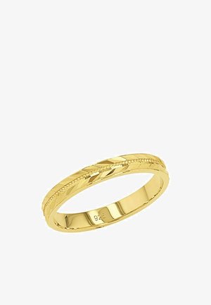 Anello placcato oro con un motivo inciso diagonale e un bordo di perline, riportante il timbro "925" all'interno della fascia che indica una base in argento sterling.