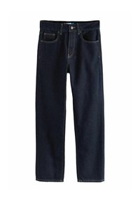 Donkere denim jeans met een rechte pasvorm, voorzien van contrasterende stiksels, vijf-pocketontwerp en een metalen knoopsluiting bij de taille.