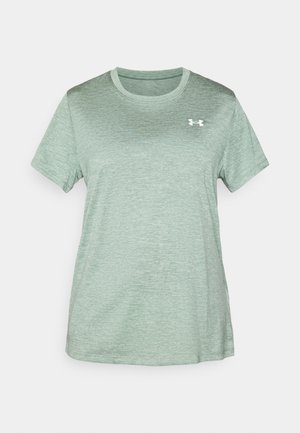 Green short-sleeve athletic t-shirt made of a textured, lightweight fabric. Features a round neckline and a small white logo on the chest.