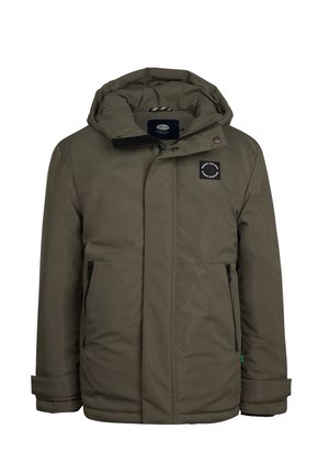 Veste isolante vert olive avec capuche, dotée d'une fermeture éclair, de deux poches avant et d'un petit patch logo sur la poitrine.
