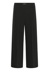 Svarta vida byxor med slät textur, utrustade med en hög, elastisk midja och rena, framåtvända veck för en skräddarsydd look.