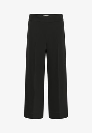 Czarne spodnie o szerokich nogawkach z gładką fakturą, z wysokim, elastycznym stanem i czystymi, przednimi zakładkami dla dopasowanego wyglądu.