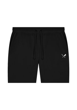 Shorts noirs à cordon avec poches latérales et un petit motif blanc d'un couteau croisé avec une hache sur la jambe droite.