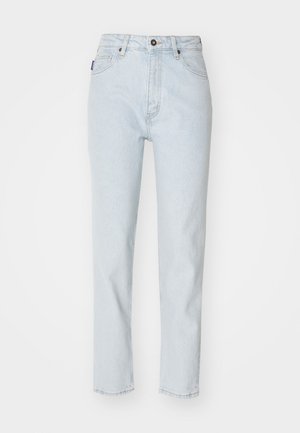 Light blue denim jeans with a straight cut, featuring a front zipper, metal button, and five pockets. The fabric has a faded, worn texture.