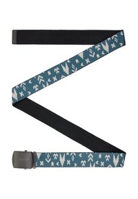 Geweven riem met een teal basis en witte geometrische patronen, aangevuld met een zwart stoffen gedeelte en een metalen gesp.