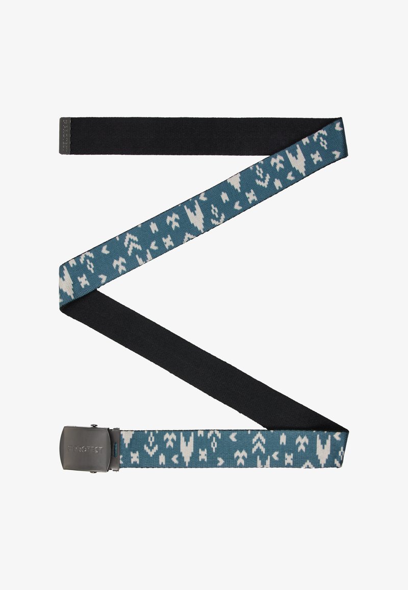 Geweven riem met een teal basis en witte geometrische patronen, aangevuld met een zwart stoffen gedeelte en een metalen gesp.