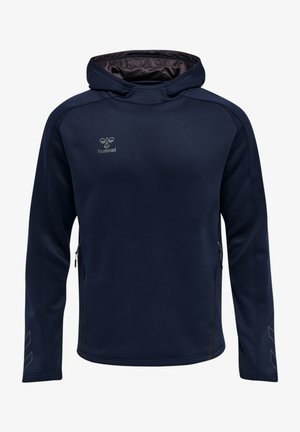 Marineblå hætte sweatshirt lavet af blødt, strækbart materiale med lynlåslommer og tonalt logo på brystet.