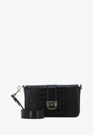 Borsa a tracolla in pelle nera con stampa a forma di crocodile, con placca logo in tonalità oro, design piatto e tracolla removibile. Presenta un accento nero lucido.