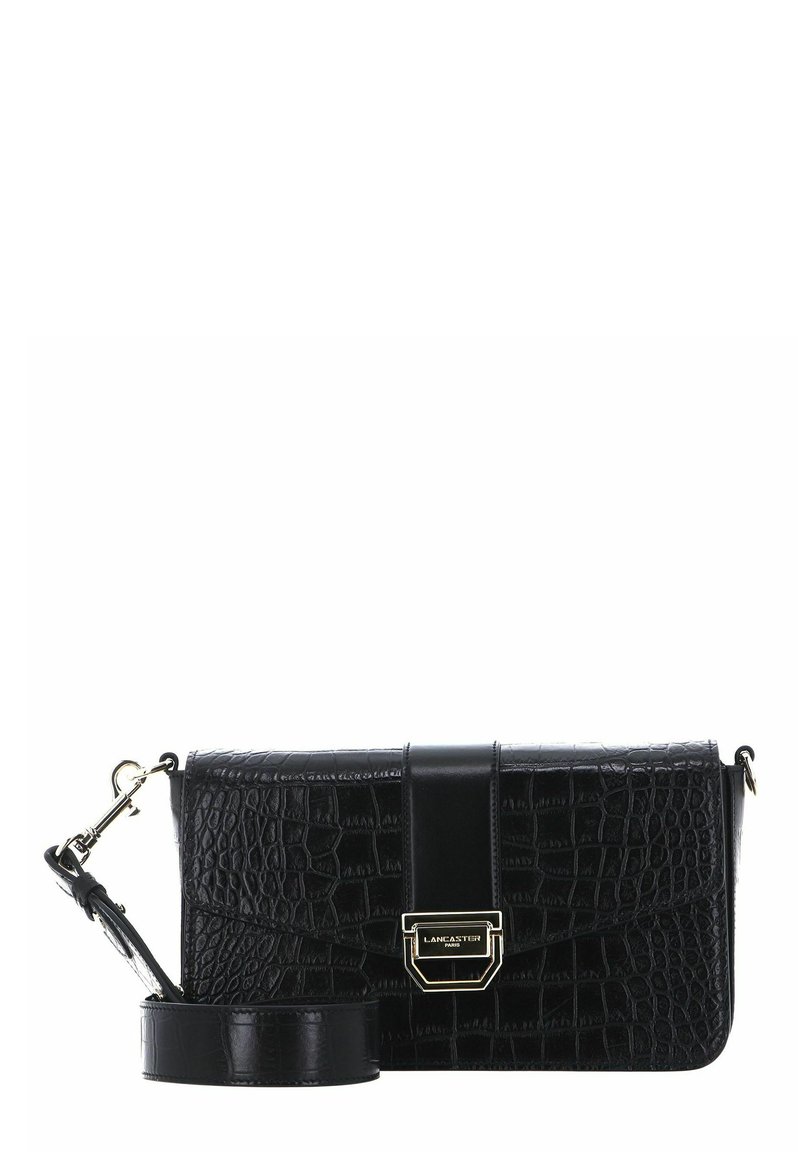 Borsa a tracolla in pelle nera con stampa a forma di crocodile, con placca logo in tonalità oro, design piatto e tracolla removibile. Presenta un accento nero lucido.