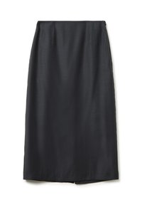 Jupe crayon noire de longueur genou avec de légers plis au niveau de la taille, présentée à plat sur un fond blanc.
