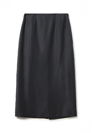 Jupe crayon noire de longueur genou avec de légers plis au niveau de la taille, présentée à plat sur un fond blanc.