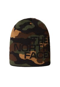 Beanie camouflage in verde, marrone e nero a maglia. Presenta il contrasto del testo nero "THE NORTH FACE" e una texture liscia e morbida. Design con cima arrotondata.