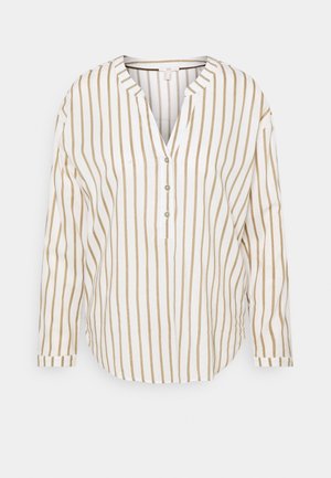 Weiße Bluse mit langen Ärmeln und vertikalen beigen Streifen, V-Ausschnitt mit drei Knöpfen und lockerem, lässigem Schnitt.