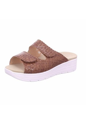 Brown woven slide sandal with two open straps, a padded insole, and a white wedge sole. Features a textured material for grip.