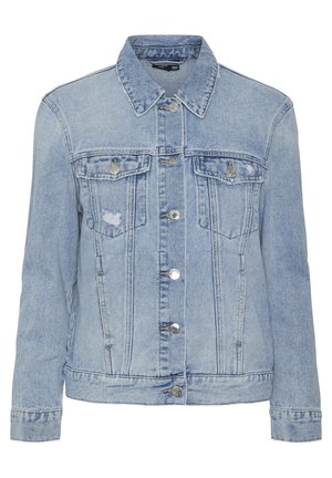 Világoskék farmerdzseki, amely gallérral, gombos zárással, két mellzsebbel és finom kopott hatással rendelkezik az elülső részen.