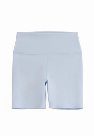 Pantalones cortos deportivos de talle alto en azul claro, con costuras planas y una cinturilla ancha, diseñados para comodidad y elasticidad en ropa deportiva.