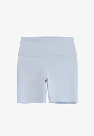 Pantalones cortos deportivos de talle alto en azul claro, con costuras planas y una cinturilla ancha, diseñados para comodidad y elasticidad en ropa deportiva.