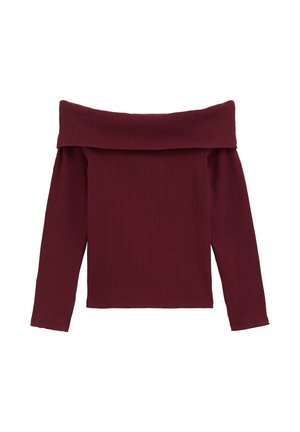 Haut bordeaux en maille côtelée à manches longues, avec large encolure chevauchée et silhouette ajustée.