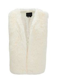 Faux-Fur-Weste in Creme mit einer weichen, flauschigen Textur und offenem Design. Das Innenfutter ist glatt und seidengleich. Markenlabel am Hals sichtbar.