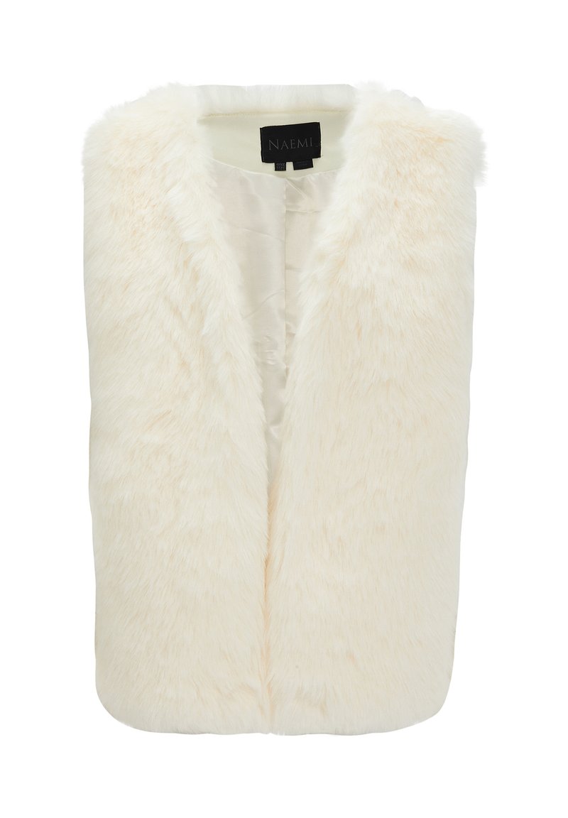 Faux-Fur-Weste in Creme mit einer weichen, flauschigen Textur und offenem Design. Das Innenfutter ist glatt und seidengleich. Markenlabel am Hals sichtbar.