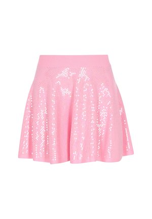 Roze paillettenrok met een aansluitende geribbelde tailleband. De uitlopende ontwerp heeft glanzende, reflecterende pailletten die in een patroon over de stof zijn gerangschikt.