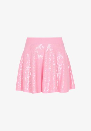 Pink sequin skirt with a fitted ribbed waistband. Flared design features shiny, reflective sequins arranged in a pattern across the fabric.