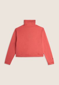 Sweatshirt court color corail avec un col haut, des manches longues et des poignets élastiques. Texture lisse ; marquage minimal sur la manche.