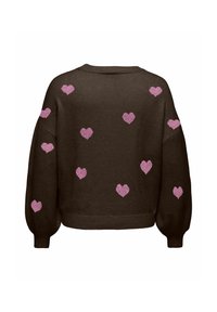 Pull marron foncé à manches longues avec des motifs de cœurs violets dispersés sur les manches et le dos, présentant un col rond et des poignets et un bas côtelés.