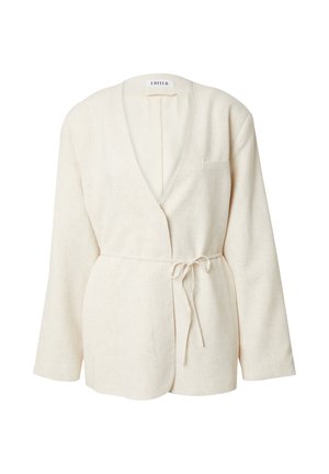Beige linnen blazer met een V-hals, lange mouwen, tailleband en een klein borstzakje. Bevat een gladde binnenvoering en heeft een minimale textuur.
