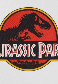 Schwarzes und rotes kreisförmiges Logo mit einem T-Rex-Silhouette und dem Text "Jurassic Park" darunter. Gelber Rand akzentuiert das Design. Texturierter Hintergrund.