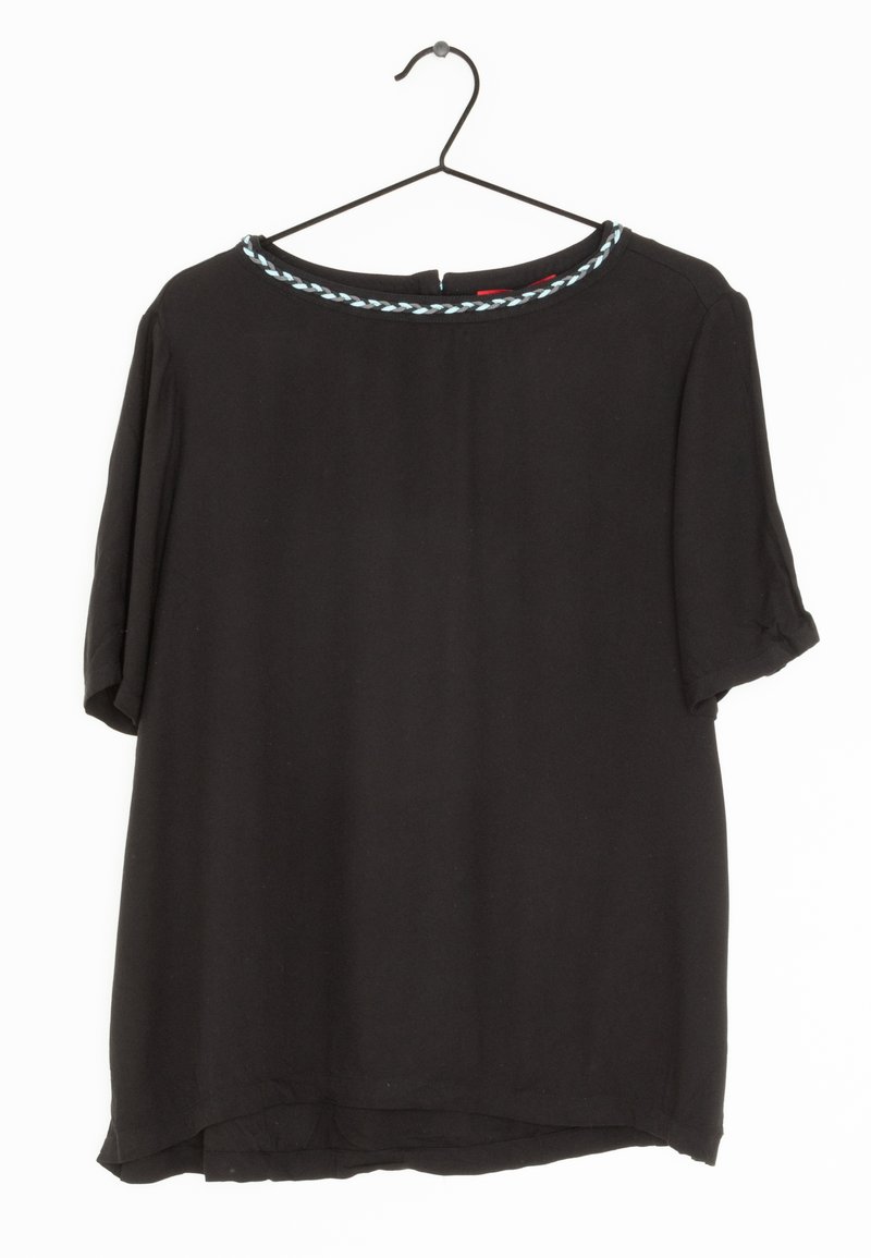 Black short-sleeve blouse with a round neckline featuring a light blue braided trim. Fabric appears smooth with a relaxed fit and curved hem.