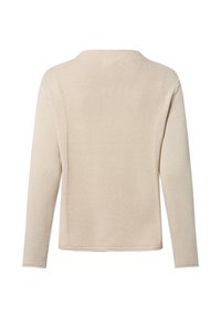 Hellbeige gestrickter Pullover mit rundem Ausschnitt, langen Ärmeln und gerippter Textur. Verfügt über Nähte entlang der Schultern und Seitenteile.