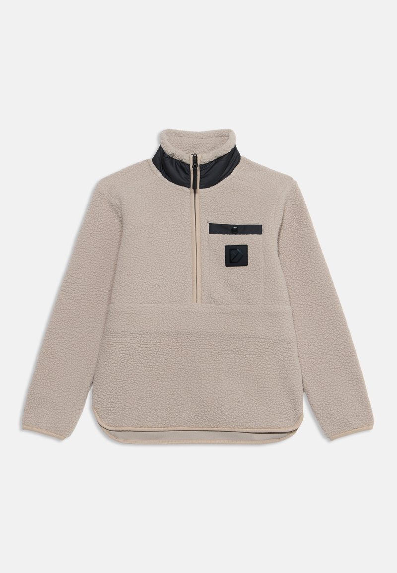 Μπεζ πουλόβερ fleece με μαύρο γιακά, φερμουάρ στο ένα τέταρτο και τσέπη στο στήθος με μαύρο καπάκι με κουμπί και τετράγωνο λογότυπο.