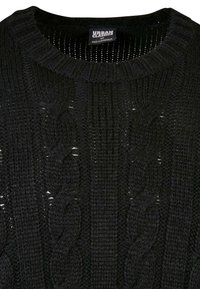 Czarny sweter dzianinowy z wzorem w warkocz, ribbowym dekoltem i luźnym krojem. Materiał ma teksturę z widocznymi ściegami przez cały czas.