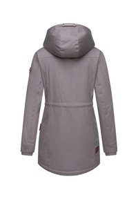 Long, gray women's jacket featuring a large hood, tailored waist, ribbed cuffs, and a leather accent on the side. Simple, smooth texture.