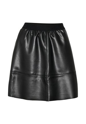 Juoda odinė sijonas su elastinga juosmens juosta, lygiu paviršiumi ir siūlių detalėmis, išplėstu siluetu.