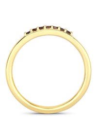 Goldring mit fünf kleinen braunen Steinen, die in einer Reihe entlang der Oberseite eingesetzt sind. Polierte Oberfläche, glatter, runder Ring. Schlichtes und elegantes Design.