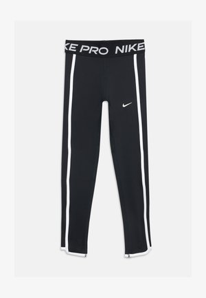 Μαύροι κολάν Nike Pro με λευκές πλαϊνές ρίγες, λευκό λογότυπο Nike στο δεξί πόδι και λογότυπο Nike Pro στη μέση.
