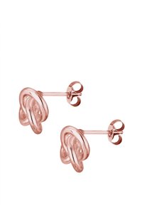 Stud ušesne uhane iz rožnatega zlata z zasnovo zvitega vozla in sijajno površino. Preprosti nosilci z zaobljenimi metuljčastimi zamaški za varno nošenje.
