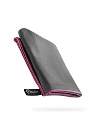 Gray folded product with pink stitching, featuring a smooth texture and a tag. Rectangular shape, lightweight design for easy portability.