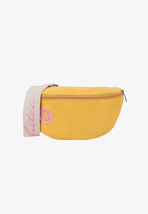 Gelbe Gürteltasche mit beigem Riemen, auf dem rosa Handschrift und ein kleines rosa Smiley in der Nähe des Reißverschlusses gestickt sind.