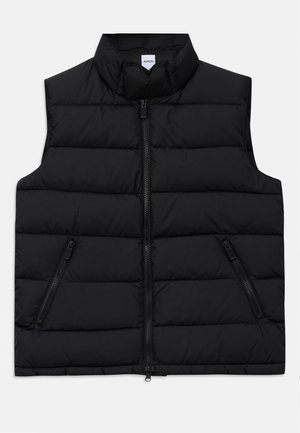 Black quilted sleeveless puffer vest with stand collar, central zipper, and two diagonal zippered pockets on front.