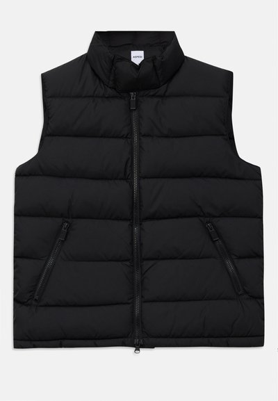 Gilet invernale smanicato nero trapuntato con colletto alto, zip centrale e due tasche diagonali con zip sul davanti.