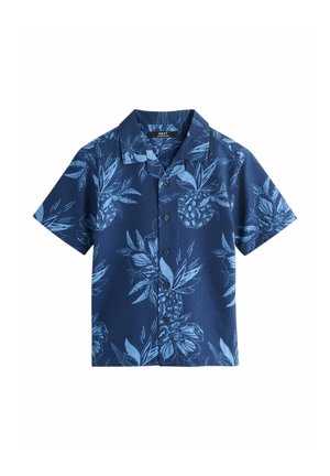 Marineblaues kurzärmliges Hemd mit hellblauem tropischem Ananas- und Blattmuster.