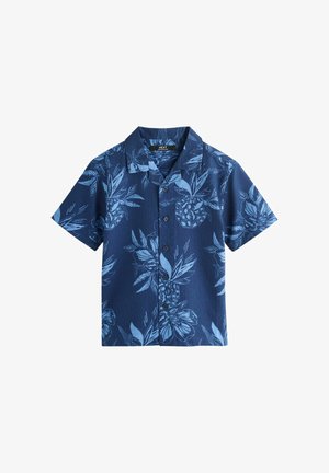 Marineblaues kurzärmliges Hemd mit hellblauem tropischem Ananas- und Blattmuster.